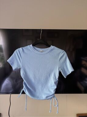 Zara Baby Blue Ribbed Short-Sleeve Tee with Side Drawstrings